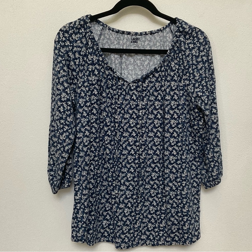 Lands End Blue, White Floral Tie Neck Blouse Size XL Petite